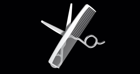 Poster - hair cutting scissors and comb crossed around rotation animation, seamlessly loopable. 3d rendering 