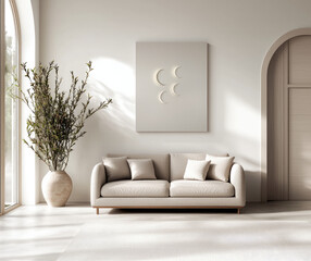 Poster - Modern minimalist living room with beige sofa, neutral wall art, large plant, and soft natural light, creating calm atmosphere