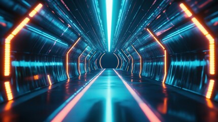 Poster - Hyper neon cyber tunnel with realistic metallic surface glowing light effects, background wallpaper AI generated image