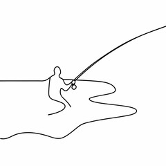 Poster - Abstract one line illustration of fisherman casting a line on a white background ideal for design projects