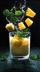 Poster - Tropical smoothie with pineapple, mango, mint, splash, glass, and fresh fruit on dark background