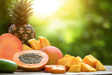 Poster - Fresh tropical fruits like pineapple, papaya, mango, and melon on wooden table with sunlight and green nature background