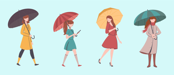 Poster - Cartoon Color Characters Women Holding Umbrella Set Rainy Weather Concept Flat Design Style with Lineart Elements. Vector illustration