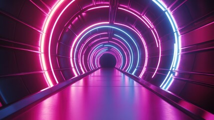 Poster - Hyper neon cyber tunnel with realistic metallic surface glowing light effects, background wallpaper AI generated image