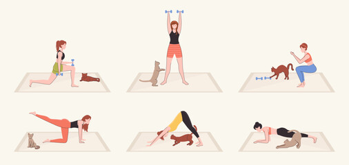Poster - Cartoon Color Character Person Woman and Sport Exercise a Mat with a Cat Concept Flat Design Style. Vector illustration of Training Girl