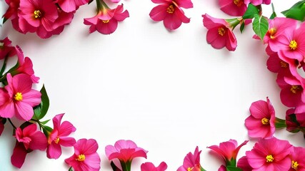 Poster - Pink flowers. White background. Floral frame. Nature decoration. Spring bloom. Garden petals. Bright colors. Fresh bouquet. Seasonal design. Botanical arrangement. Valentines card. Wedding invitation