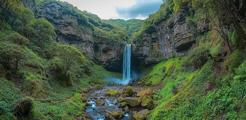 Aufkleber - Lush forest waterfall, rocky stream, green moss, tranquil nature, misty atmosphere, scenic landscape
