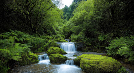 Poster - Lush forest waterfall moss rocks stream green tranquil nature