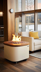 Aufkleber - Modern living room with cozy fire pit table, beige sofa, wood floor, large windows, and warm sunset light