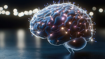 Fototapete - Glowing human brain, neural network, artificial intelligence, digital, futuristic, side view, night