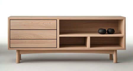 Poster - Minimalist wooden sideboard with drawers and open shelves, modern oriental style, natural finish, calm mood
