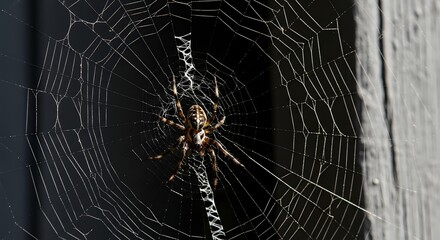 A spider sits in the center of its intricate web against a dark background with a wall nearby