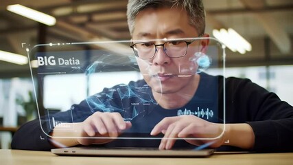 Man working on laptop computer keyboard with graphic user interface GUI hologram showing concepts of big data science technology, digital network connection and computer programming algorithm