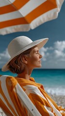 Aufkleber - Relaxing on a beach chair, a young woman enjoys the warmth of the sun and the soothing sounds of the ocean waves. She wears a sun hat and gazes at the beautiful horizon.