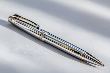 Poster - An elegant silver ballpoint pen with gold accents sitting on a white textured surface, casting soft shadows, showcasing luxury and precision craftsmanship in detail.