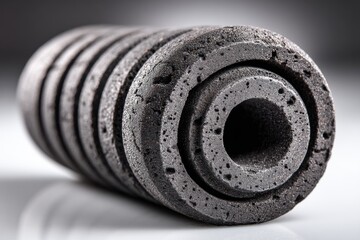 Poster - Close-up of a cylindrical porous carbon material with circular perforations, showcasing its unique structure and potential industrial applications, isolated on white.