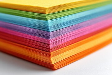 Poster - A vibrant and textured close-up showcases a stack of multicolored paper, highlighting the interplay of color and form with a blurred, soft background, evoking creativity.