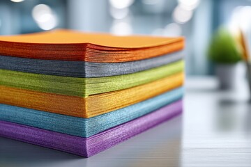Poster - A neatly stacked pile of colorful paper sheets, creating a vibrant and organized display on a white desk, perfect for office, school, or creative design projects.