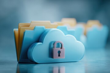 Poster - A conceptual representation of cloud data security with files and a padlock, symbolizing data protection, privacy, and cybersecurity in a digital environment, system.