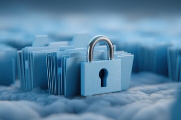 Poster - Conceptual image showing data protection with a padlock over data folders in blue hues, symbolizing security and confidentiality in a digital environment.