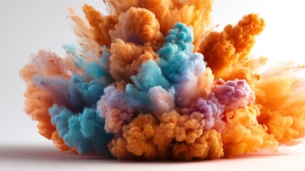 Fototapete - A burst of bright colored powder creates an enchanting explosion, filling the atmosphere with mesmerizing hues of blue, orange, and purple during a lively celebration, captivating everyone present.