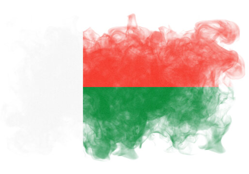 Distressed artistic rendering of a Madagascar flag with white, red, and green colors, set against a stark black background,