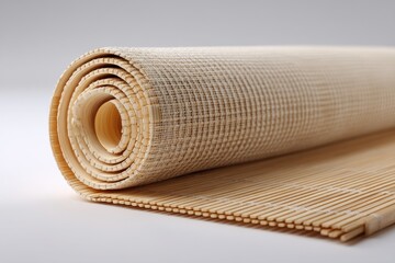 Poster - Close-up shot of a rolled bamboo mat, showcasing its natural texture and neutral color palette, perfect for sushi preparation, or table decoration, on a white background.