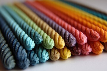 Poster - A vibrant arrangement of colorful twisted cords, showcasing a rainbow gradient from blues and greens to yellows, oranges and reds, textured and playfully arranged.