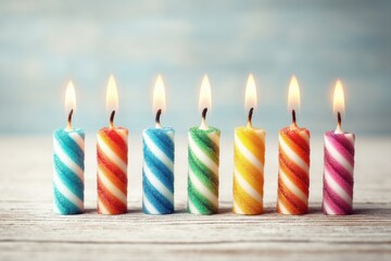 Poster - A bright and cheerful arrangement of lit birthday candles, in rainbow colors with white stripes, resting on weathered white wood against a soft pastel background.