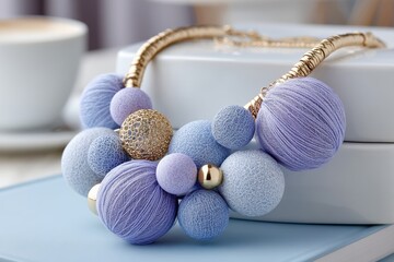 Poster - Close-up studio shot showcasing a modern, handmade statement necklace, crafted with pastel yarn and gold accents, resting on a soft blue surface, artistic design.