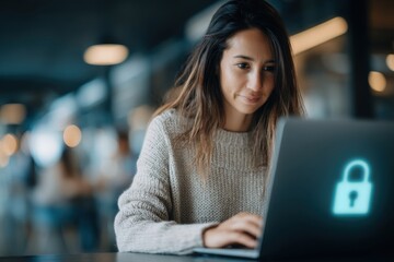 Poster - Young woman uses laptop with security lock icon, working on cybersecurity matters, ensuring data protection and privacy while browsing online for information.