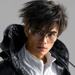Poster - A man with short hair and glasses is wearing a black jacket and white shirt
