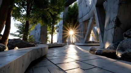 Poster - A sunlit walkway with a bench and trees in the background