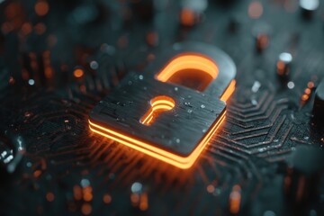Poster - A digital padlock rendered in a futuristic style, representing cybersecurity and data protection, with intricate circuit board details and a neon orange glow.