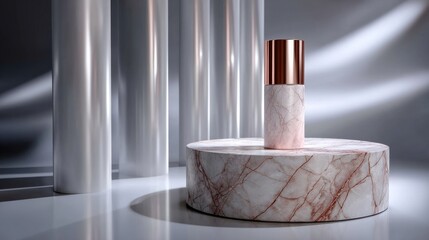 Poster - A marble table with a gold colored bottle on it