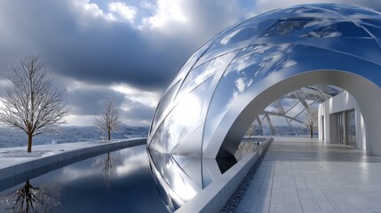 Aufkleber - A large, curved building with a glass roof and a water feature in front of it