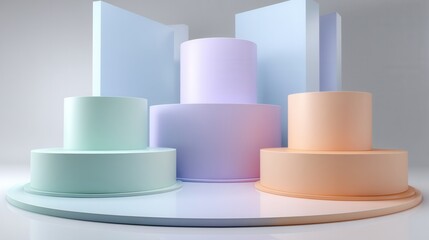 Aufkleber - Three cakes of different colors are arranged on a stage
