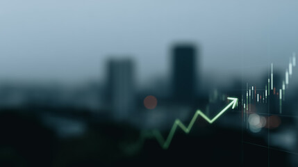 Poster - Financial Growth: A digital rendering portrays a vibrant upward trend overlaid on a blurred city skyline, symbolizing financial progress and market expansion. 