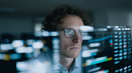 Poster - Tech Visionary: A Focused Professional Navigating Code and Data in a cutting-edge tech environment, showcasing the intelligence and dedication of a modern professional.
