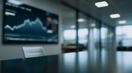 Poster - Financial data analysis in Meeting Room: An interior shot of a modern conference room features a large screen displaying dynamic financial data, with a long, sleek table and contemporary chairs. 