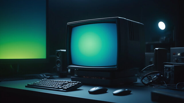 Gradient Blue Computer Screen with Green Glow and Grainy Texture