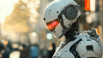 Poster - Futuristic humanoid robot with a digital display standing in a crowded city street. Artificial intelligence, urban automation, and advanced robotics in modern society