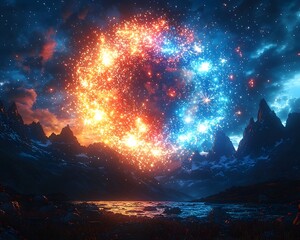 Wall Mural - colorful fireworks explosion lighting up the night sky behind silhouetted mountain peaks