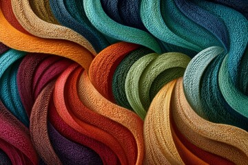 Leinwandbilder - Colorful textured waves create a vibrant abstract pattern of intertwining threads in shades of red, green, blue, and gold