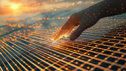 Poster - A hand touches a surface illuminated by glowing particles as the sun sets, creating a captivating digital interaction experience
