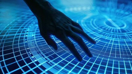 Fototapete - A hand reaches out to engage with a glowing holographic display, showcasing intricate patterns and data visualizations