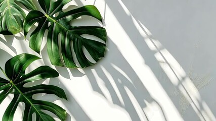 Poster - Green leaves create striking shadows on a plain white surface, showcasing nature's elegance in simple yet captivating detail