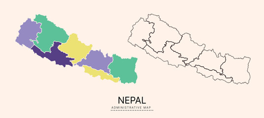  Nepal Map with multicolor separated administrative districts, editable separated layers, zones and borders. Map for presentation. Vector illustration