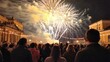 © Anita - Crowd enjoying colorful fireworks exploding in the night sky during a celebration in a city square, creating a festive and vibrant atmosphere