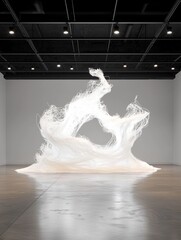 Poster - Abstract White Sculpture with Ripple Geometry in Modern Gallery